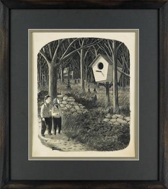 (THE NEW YORKER.) CHARLES ADDAMS. Couple passing a giant bird house.